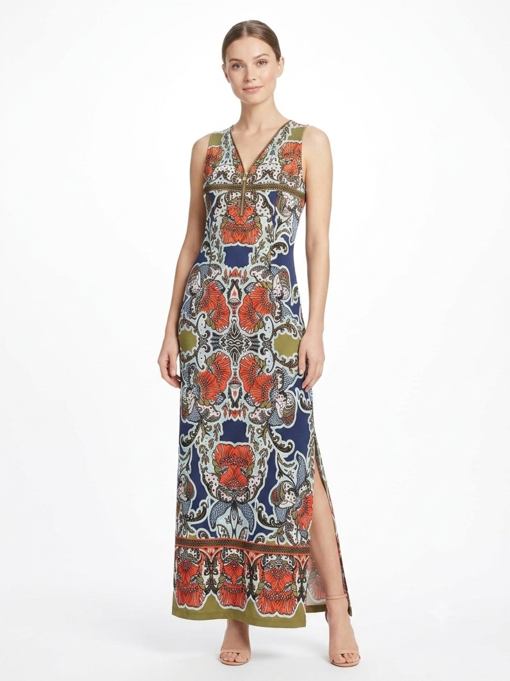 DB, Sleeveless V-Neck Maxi Dress in Multicolor Print - M
